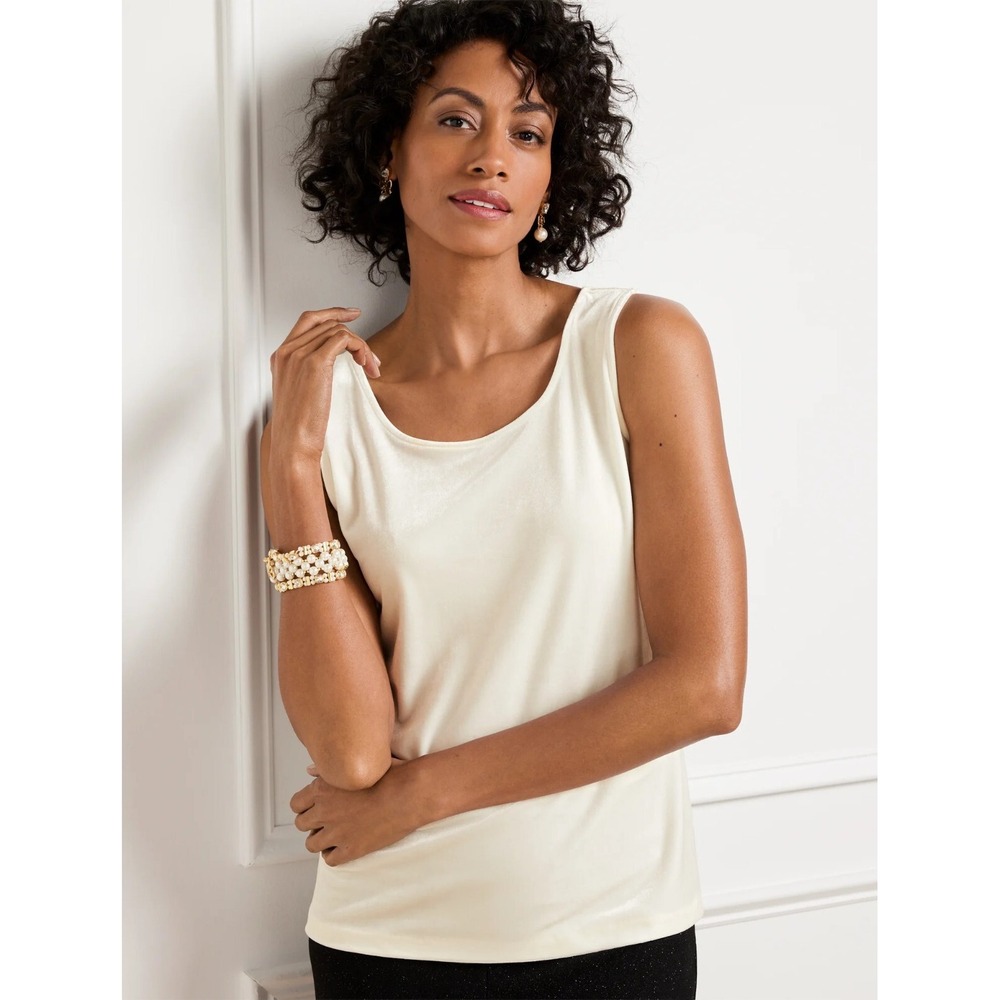 Talbots S Ivory Velvet Scoop Neck Tank Top Shell Sleeveless Stretch Cream
